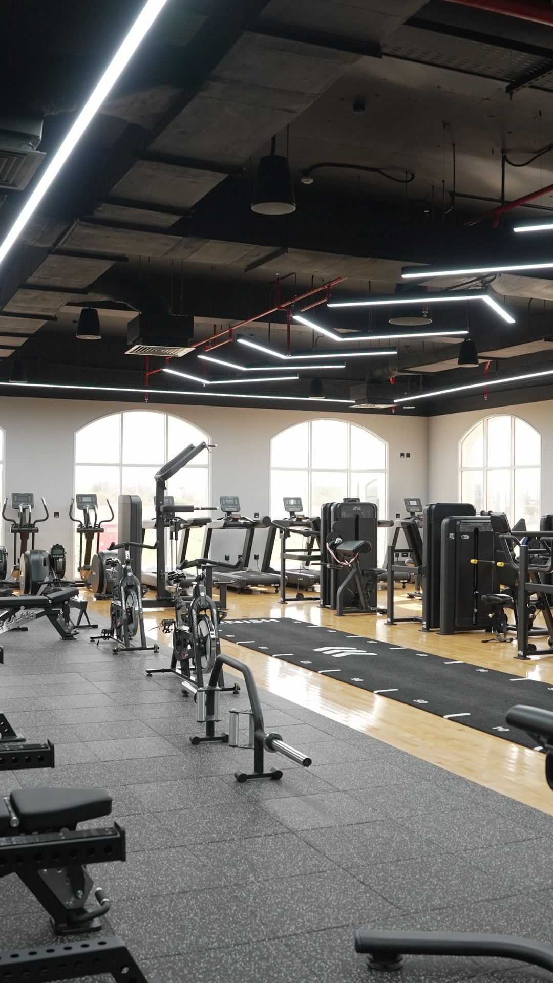 QAFCO Al Banoush training floor by Equipt. Xmaster racks and plates, sled lane, Pulse cardio line under arched windows.