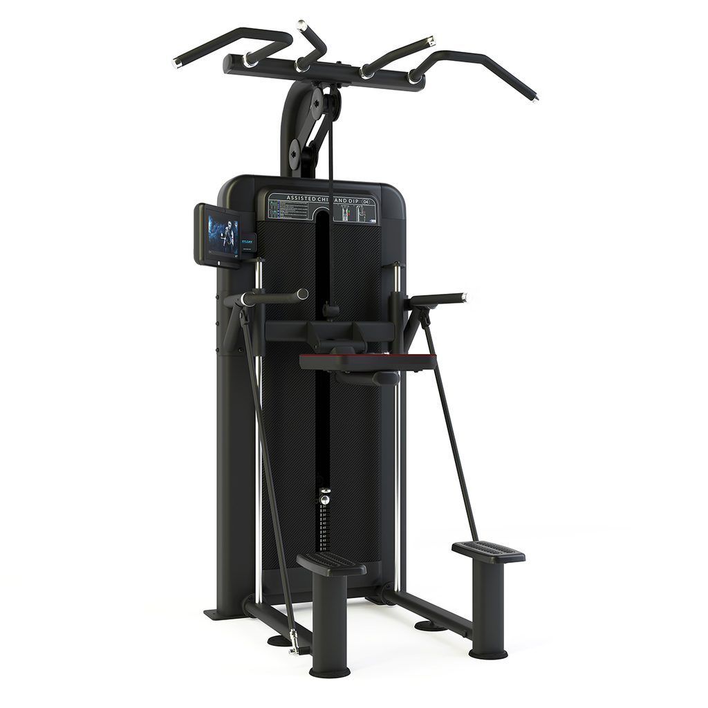 [PLS-STR-MACH-016] Pulse Premium Assisted Chin and Dip 1x100kg Weight Stack Tower with 10.1" (Cirrus V4) Touchscreen Console in Sand Black with B