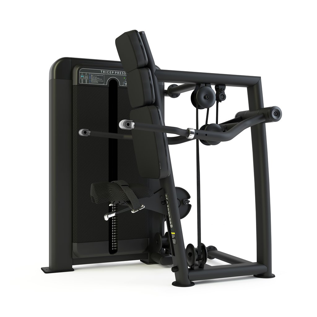 [PLS-STR-MACH-032] Pulse Club Line Tricep Press1x100kg Weight Stack Tower in Sand Black with Carbon Fibre Upholstery Blue Stitching