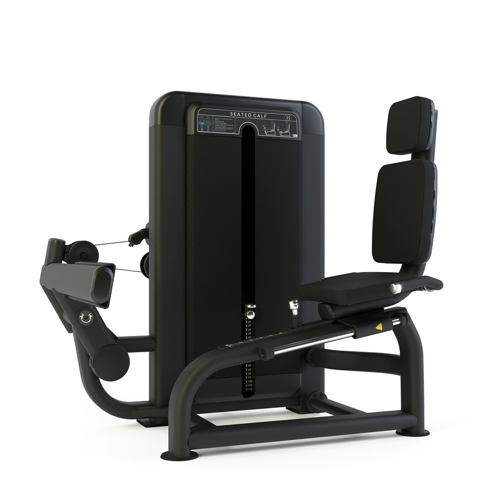 [PLS-STR-MACH-094] Pulse Premium Seated Calf1x100kg Weight Stack Tower with 10.1" Touchscreen Console in Sand Black with Black Upholstery (TRRAKK
