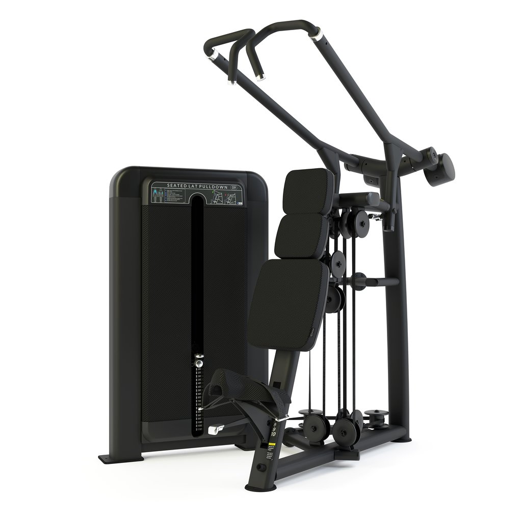 [PLS-STR-MACH-132] Pulse Club Line Seated Lat. Pulldown (Converging Axis / Independent Arm)1x100kg Weight Stack Tower in Sand Black with Carbon F