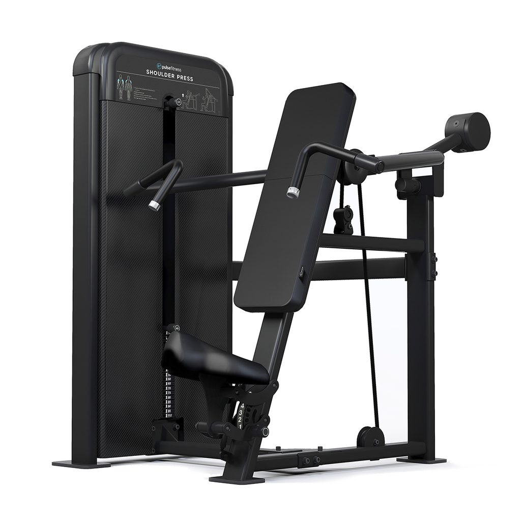 [PLS-STR-SHPRS-026] Pulse Classic Shoulder Press (Dependent Arm) 1x100kg Weight Stack Tower in Sand Black with Black Upholstery