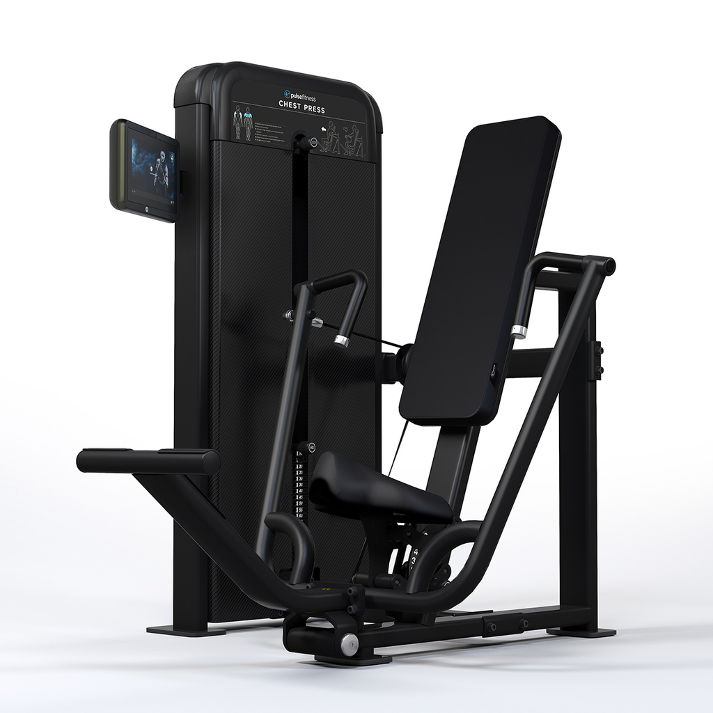 [PLS-STR-CHPRS-022] Pulse Premium Chest Press (Dependent Arm) 1x80kg Weight Stack Tower with 10.1" (Cirrus v4) Touchscreen Console in Sand Black w