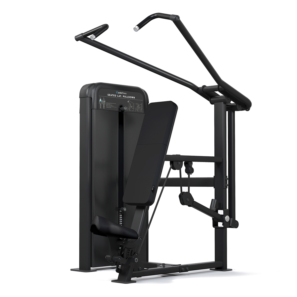 [PLS-STR-MACH-195] Pulse Classic Seated Lat. Pulldown (Dependent Arm) 1x80kg Weight Stack Tower in Sand Black with Black Upholstery