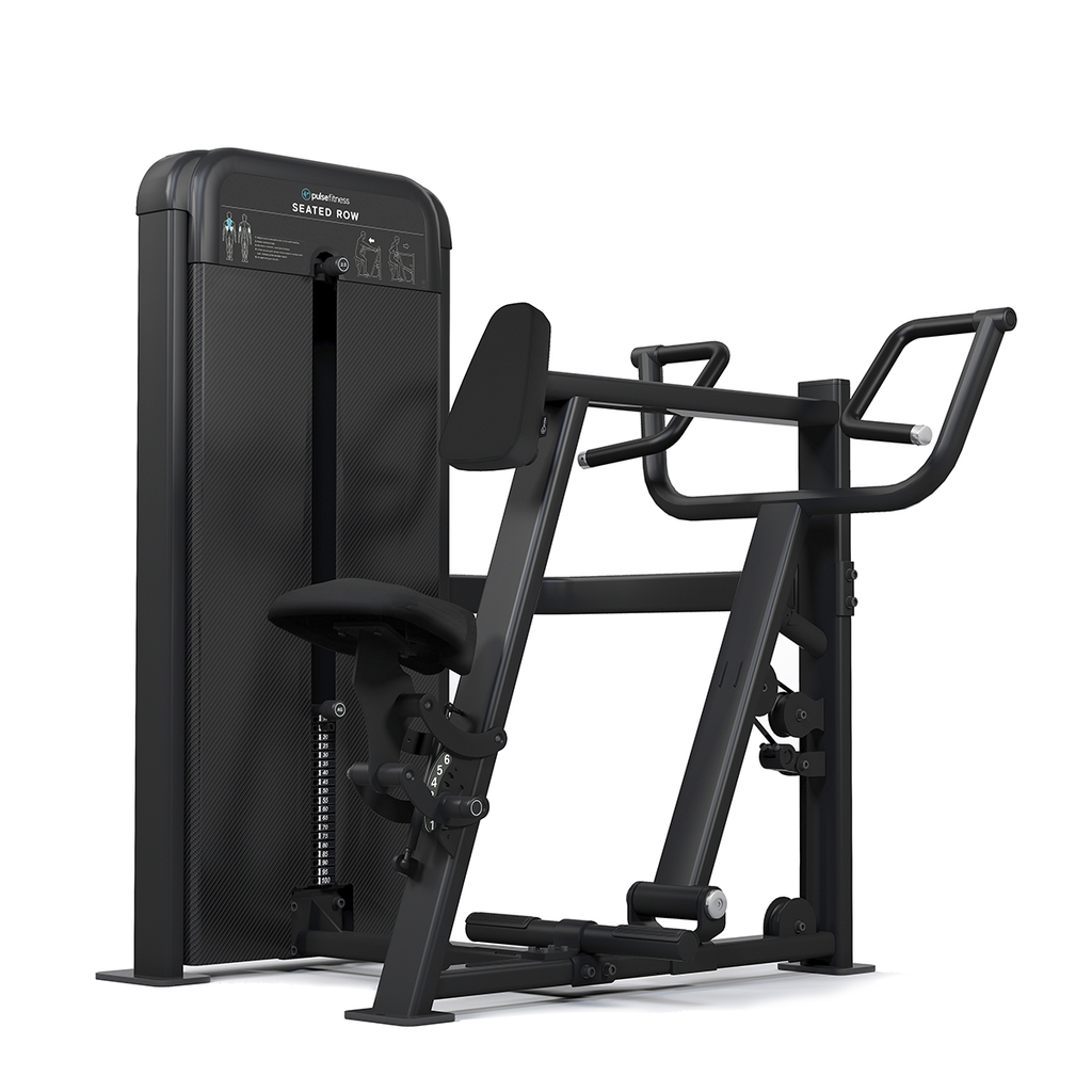[PLS-STR-MACH-201] Pulse Premium Seated Row (Dependent Arm) 1x80kg Weight Stack Tower with 10.1" (Cirrus v4) Touchscreen Console in Sand Black wi