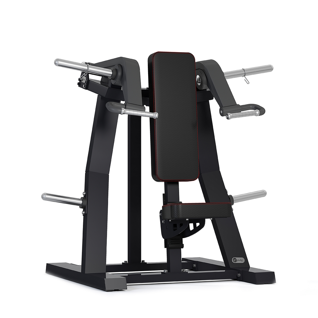 [PLS-STR-PLATE-006] Pulse Club Line Shoulder Press (Independent Arm) 200kg Total Plate Capacity in Sand Black with Carbon Fibre Upholstery Blue St