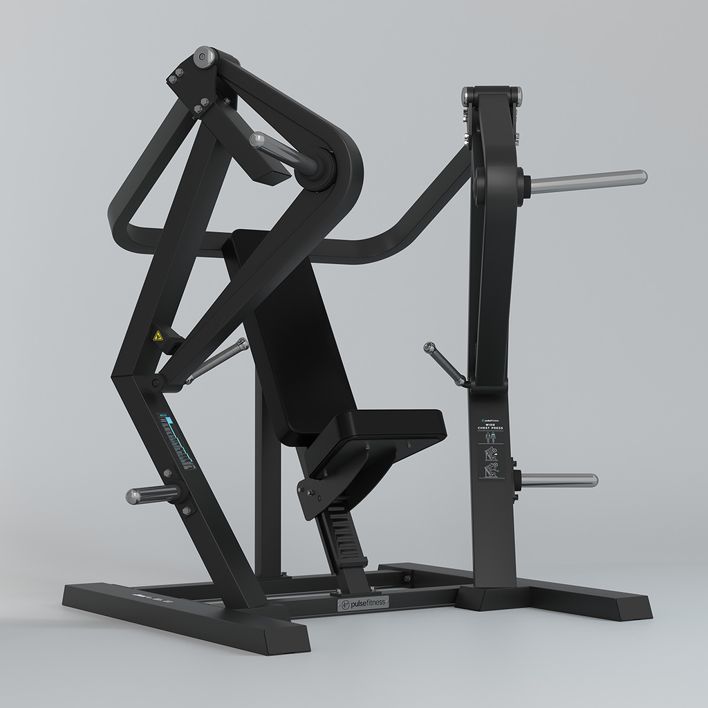 [PLS-STR-PLATE-012] Pulse Club Line Wide Chest Press (Independent Arm) 200kg Total Plate Capacity in Sand Black with Carbon Fibre Upholstery Blue