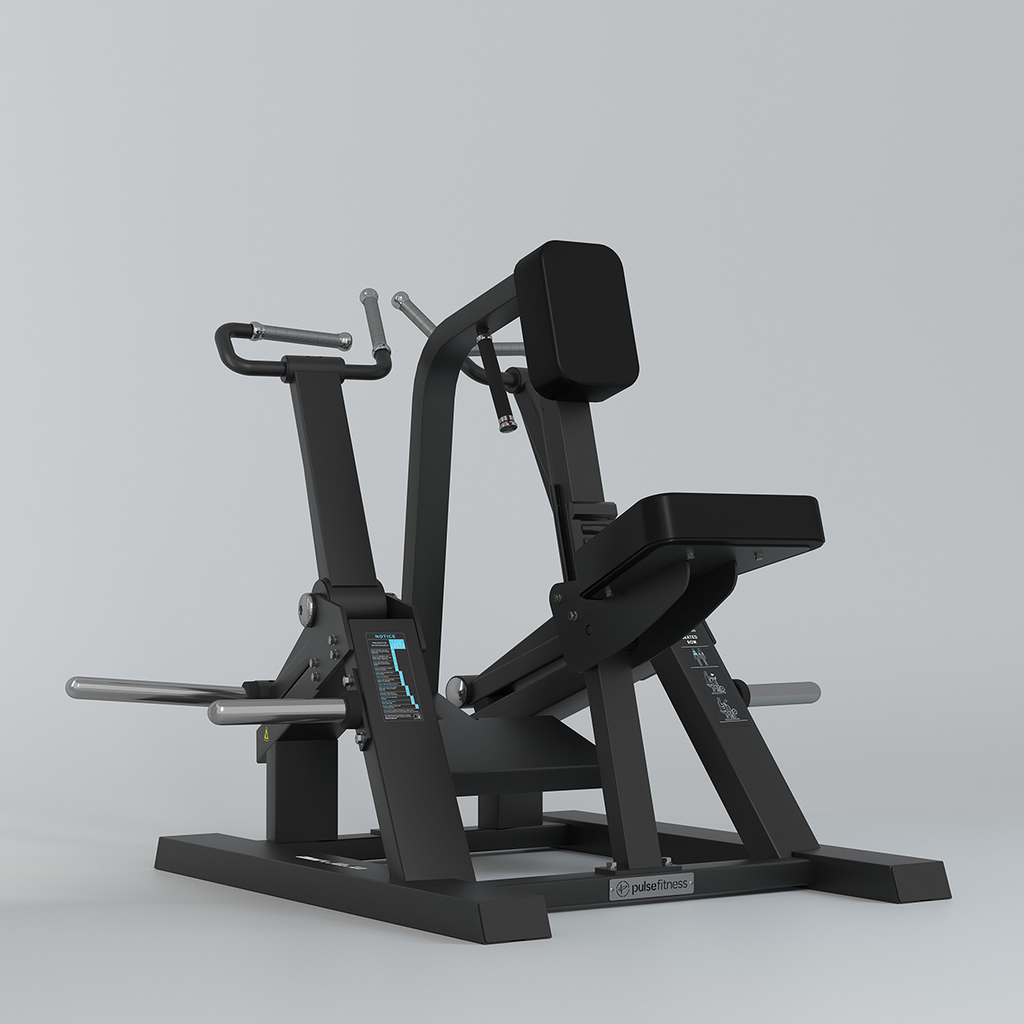[PLS-STR-PLATE-016] Pulse Club Line Seated Row (Independent Arm) 200kg Total Plate Capacity in Sand Black with Carbon Fibre Upholstery Blue Stitch