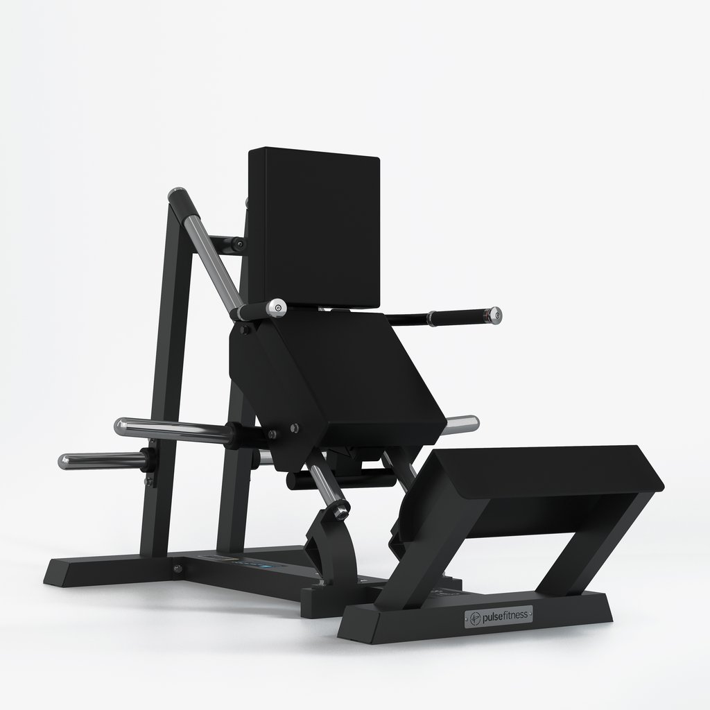 [PLS-STR-PLATE-022] Pulse Club Line Hack Squat 200kg Total Plate Capacity in Sand Black with Carbon Fibre Upholstery Blue Stitching