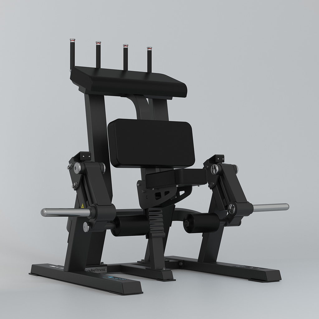 [PLS-STR-PLATE-028] Pulse Club Line Standing Leg Curl (Independent Leg) 200kg Total Plate Capacity in Sand Black with Carbon Fibre Upholstery Blue