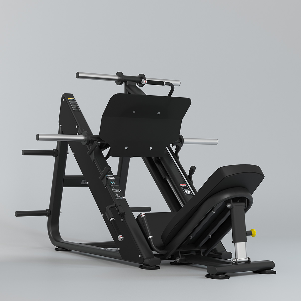 [PLS-STR-PLATE-034] Pulse Premium 45-Degree Leg Press 480kg Total Plate Capacity in Sand Black with Black / Carbon Fibre Upholstery Blue Stitching