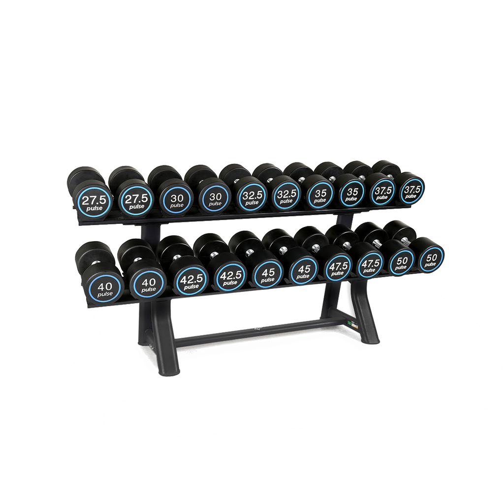 [PLS-STR-DUMBL-075] Pulse Premium Polyurethane Covered Dumbbell Set 27.5kg-50kg in 2.5kg increments with Conical Handgrips (in Pairs) on a Double-