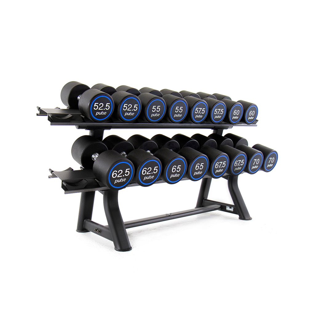 [PLS-STR-DUMBL-076] Pulse Premium Polyurethane Covered Dumbbell Set 52.5kg-70kg in 2.5kg increments with Conical Handgrips (in Pairs) on a Double-
