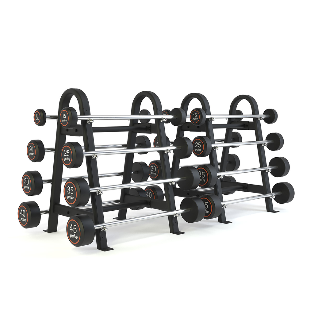 [PLS-STR-BARBL-001] Pulse Club Line Rubber Covered Barbell Set on 2 Vertical Racks (16 Bars) in Sand Black. In increments of 10.0kg, 15.0kg, 20.0k
