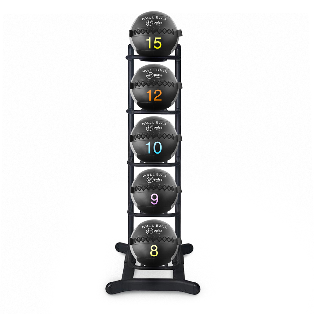 [PLS-ACC-RACK-015] Pulse Club Line Wall Ball Set on a Flat Rack 38-326 (holds 5 Balls) in Sand Black In 2 x 6kg 2 x 9kg 1 x 12kg
